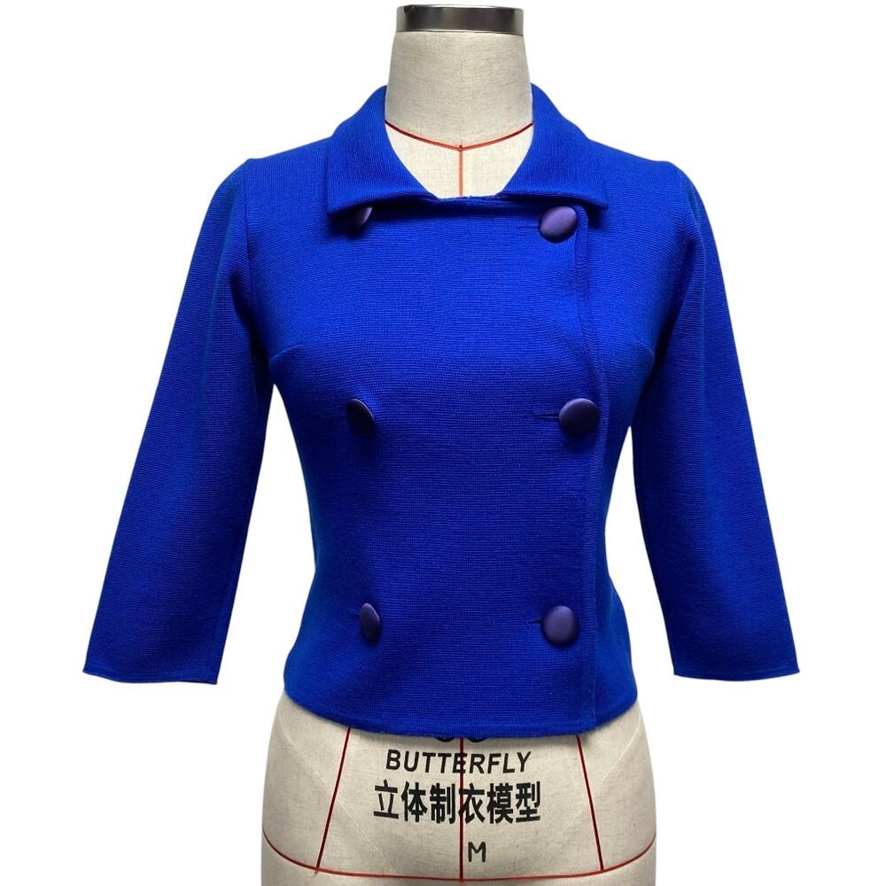 Vintage Bullocks Womens Blue Virgin Wool Knit Double Breasted Sweater